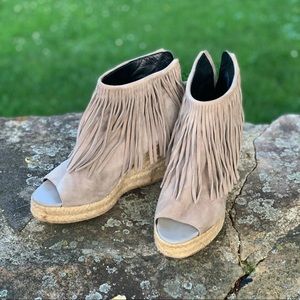 Elyse Walker Tan Fringe Wedge Shoes
